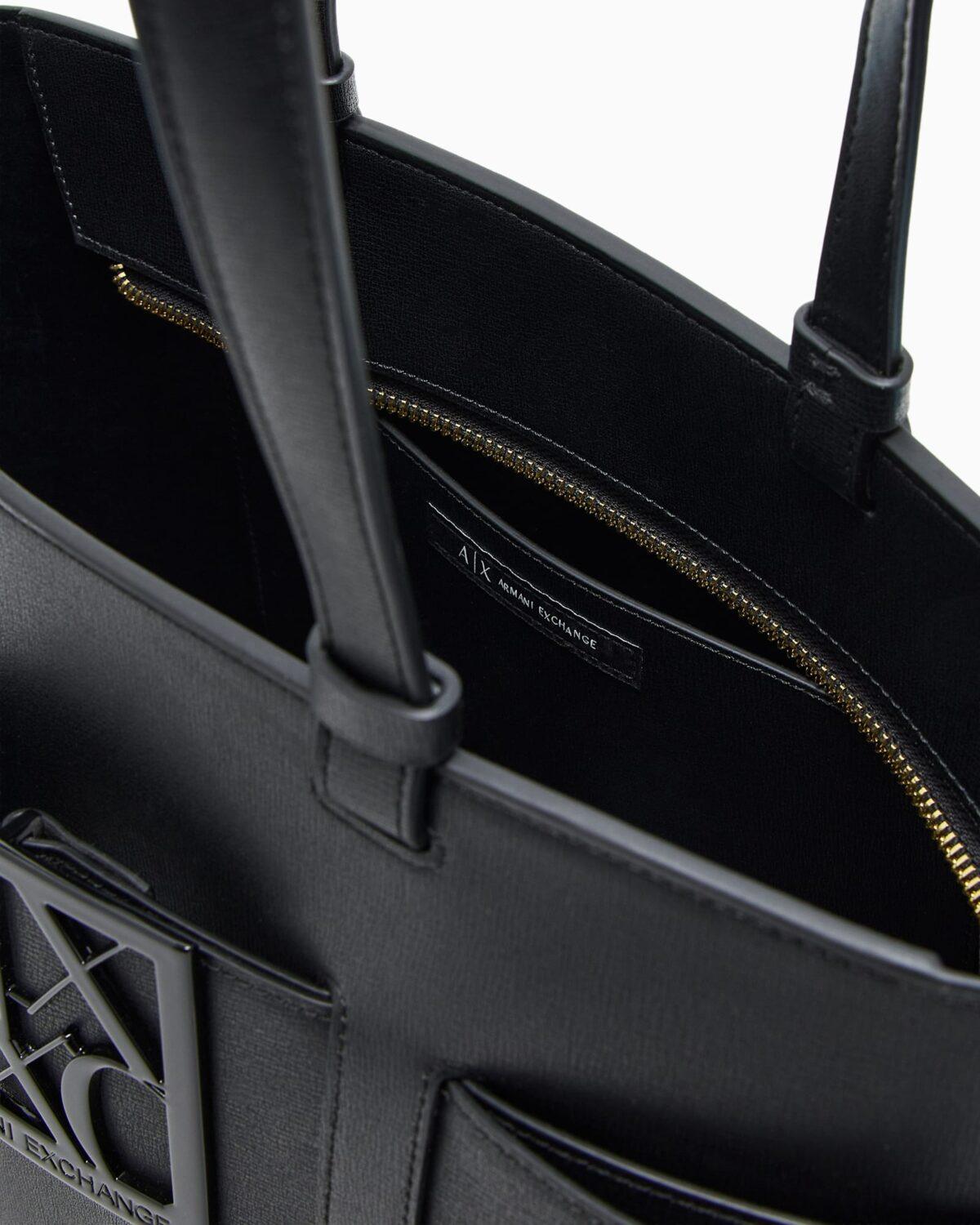 Bolso tote con acabado liso y logotipo frontal Armani Exchange - Negro