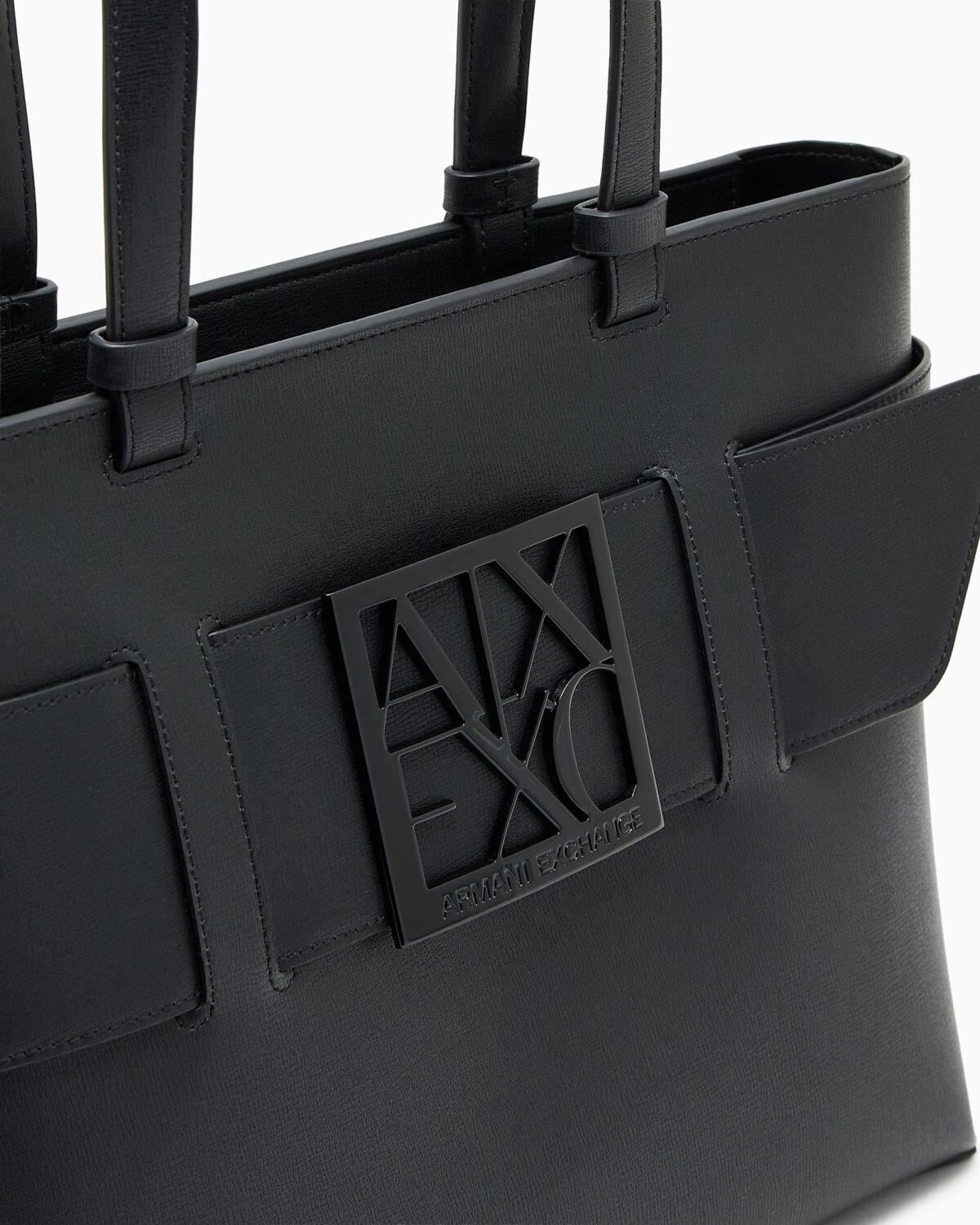 Bolso tote con acabado liso y logotipo frontal Armani Exchange - Negro