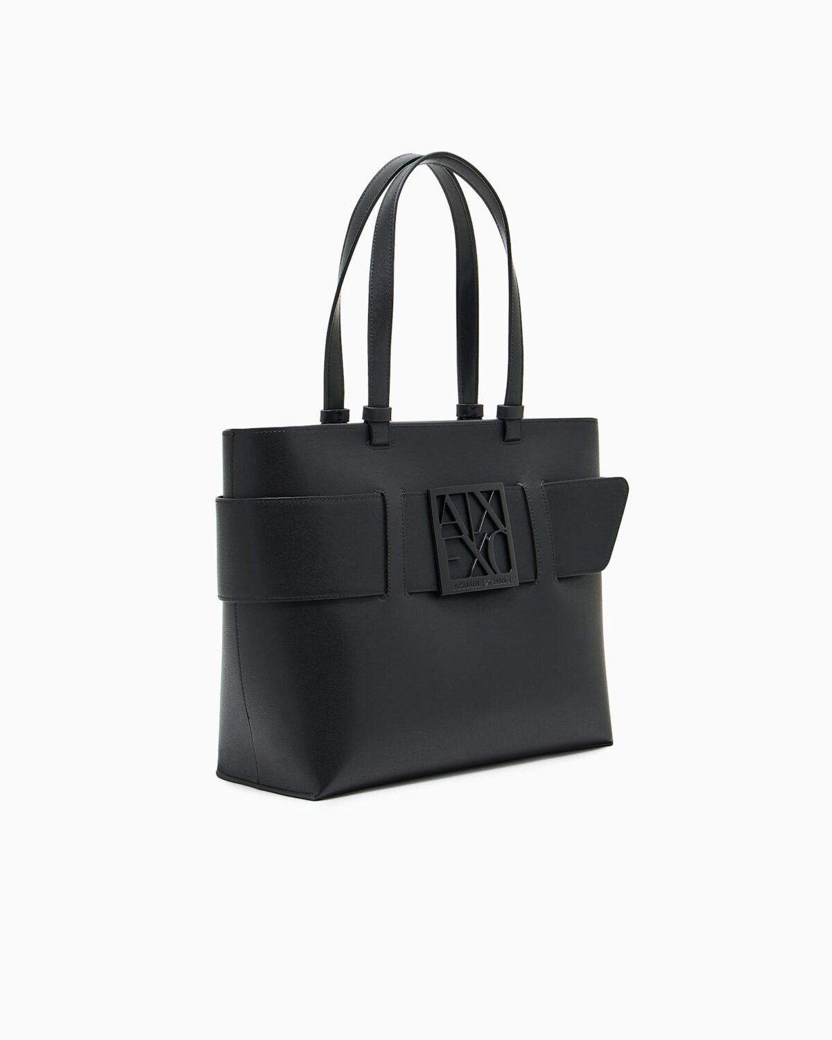 Bolso tote con acabado liso y logotipo frontal Armani Exchange - Negro