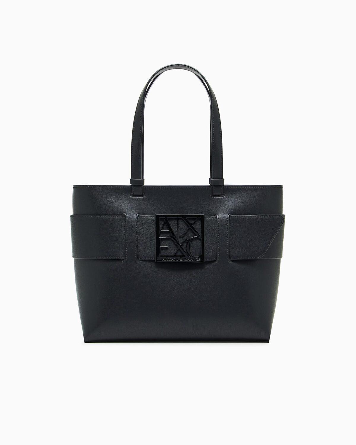 Bolso tote con acabado liso y logotipo frontal Armani Exchange - Negro