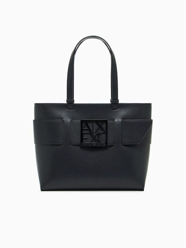 Bolso tote con acabado liso y logotipo frontal Armani Exchange - Negro