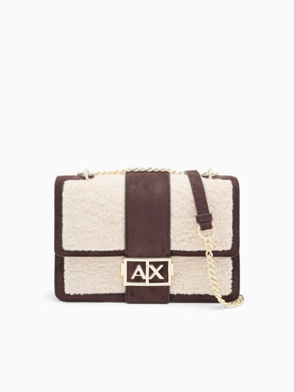 Bolso bandolera de ante y borreguillo con correa de cadena Armani Exchange - Marrón