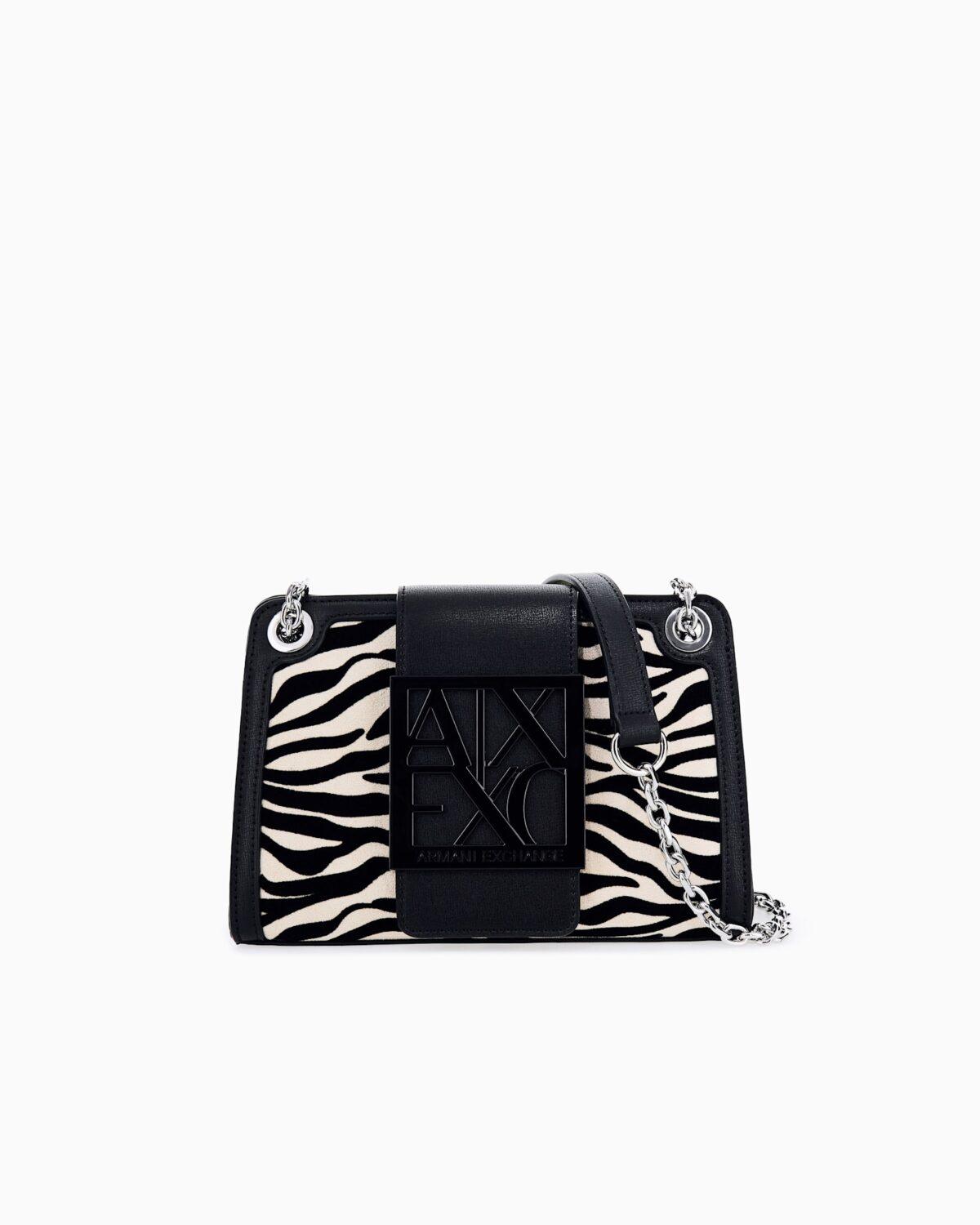 Bolso con estampado de cebra y correa de cadena Armani Exchange - Blanco y negro