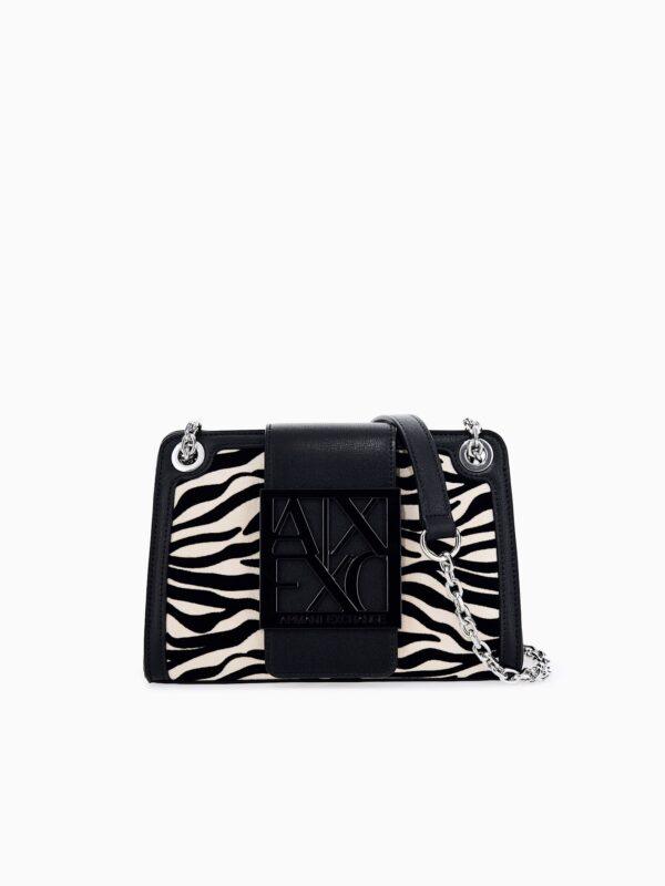 Bolso con estampado de cebra y correa de cadena Armani Exchange - Blanco y negro