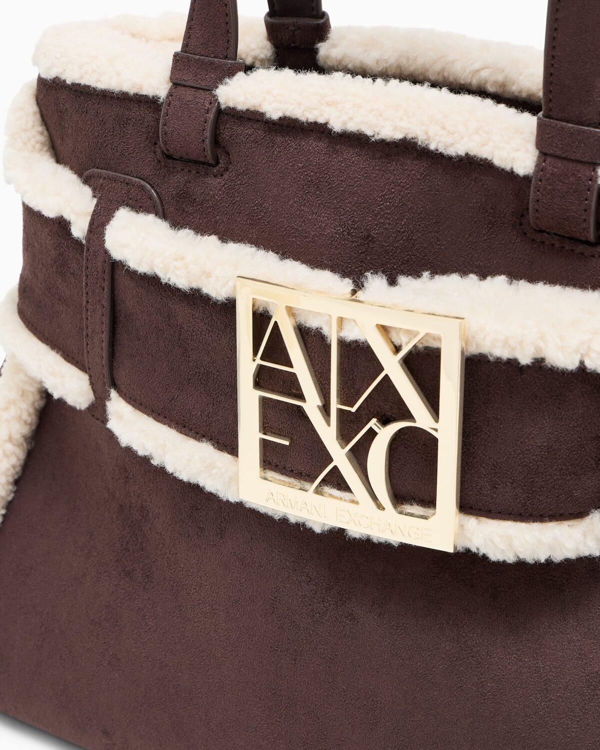 Bolso shopper de efecto ante con ribete de borreguito Armani Exchange - Marrón