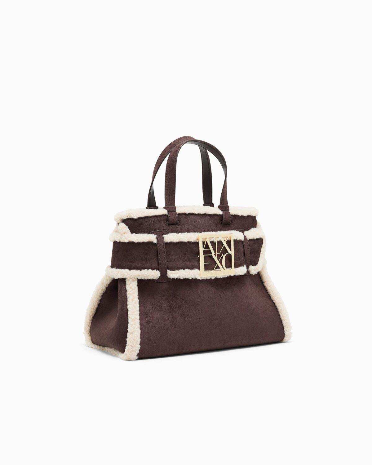 Bolso shopper de efecto ante con ribete de borreguito Armani Exchange - Marrón