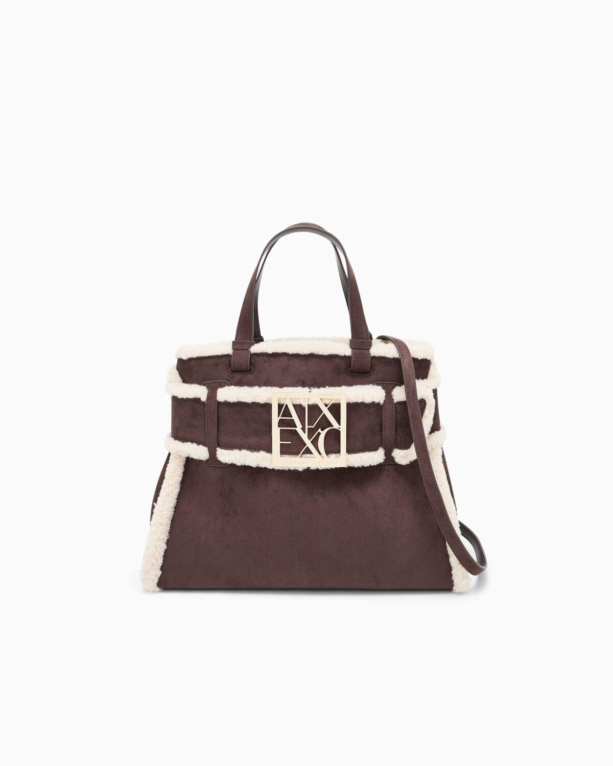 Bolso shopper de efecto ante con ribete de borreguito Armani Exchange - Marrón