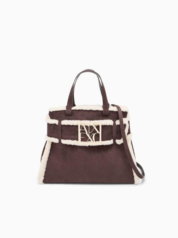Bolso shopper de efecto ante con ribete de borreguito Armani Exchange - Marrón