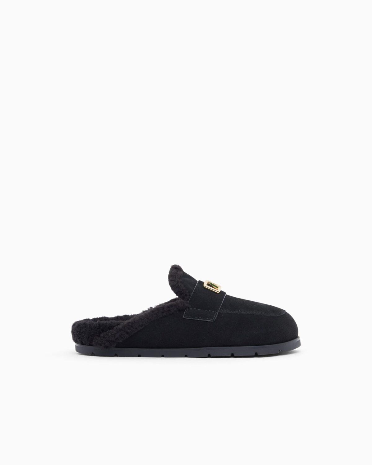 Zuecos de serraje con forro de pelo y detalle metálico Armani Exchange - Negro
